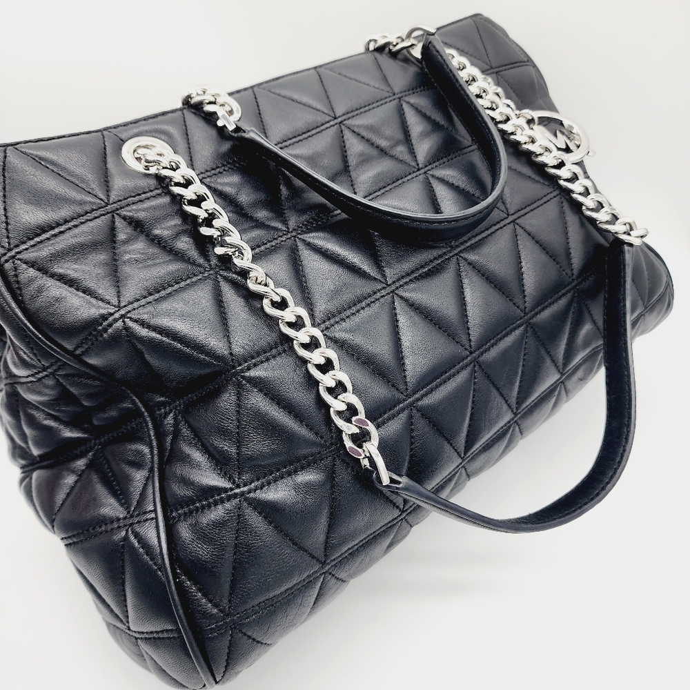 Michael Kors Black Quilted Leather Shoulder Tote with Silver Chain - Picture 2 of 16